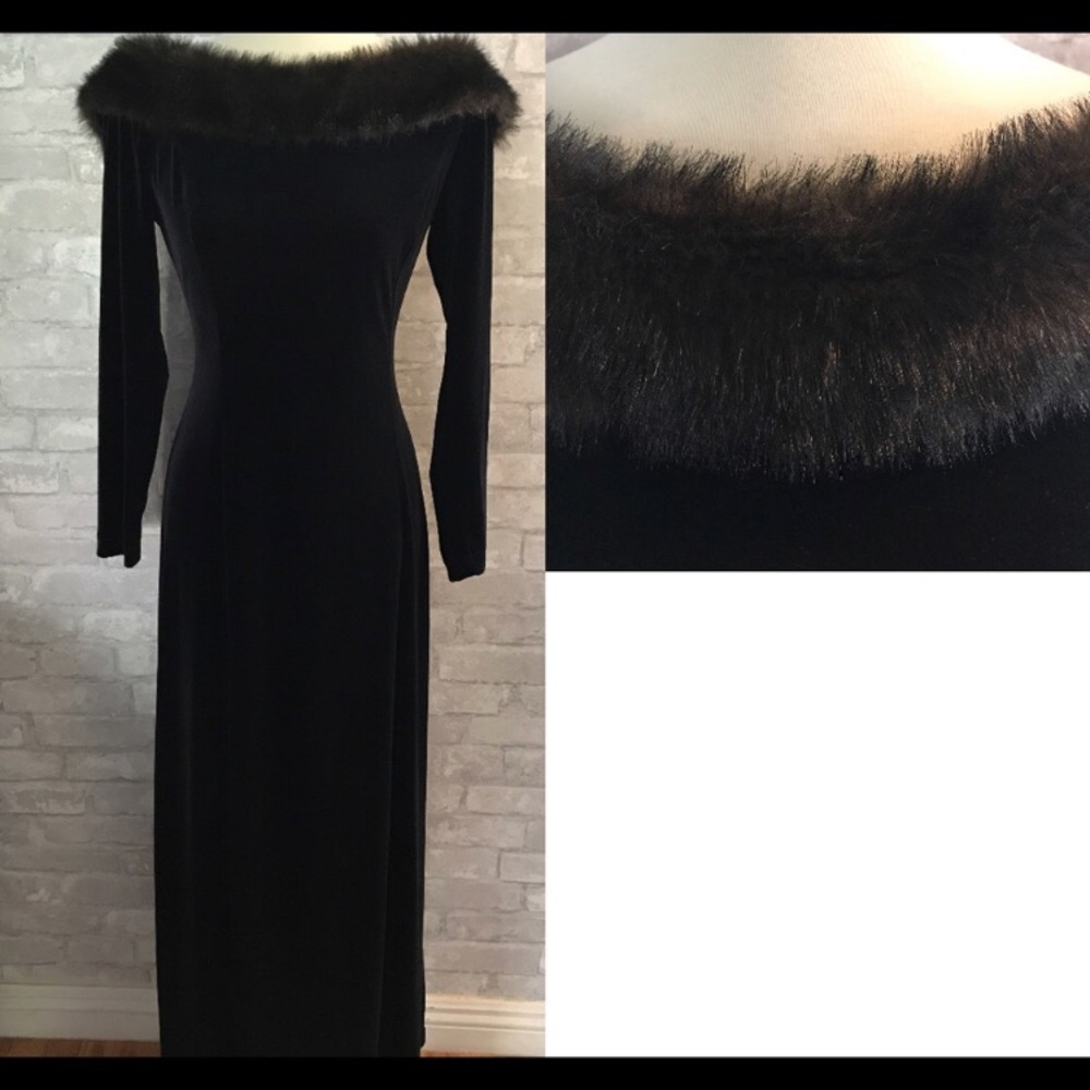 Long Black Evening Dress with Faux Fur